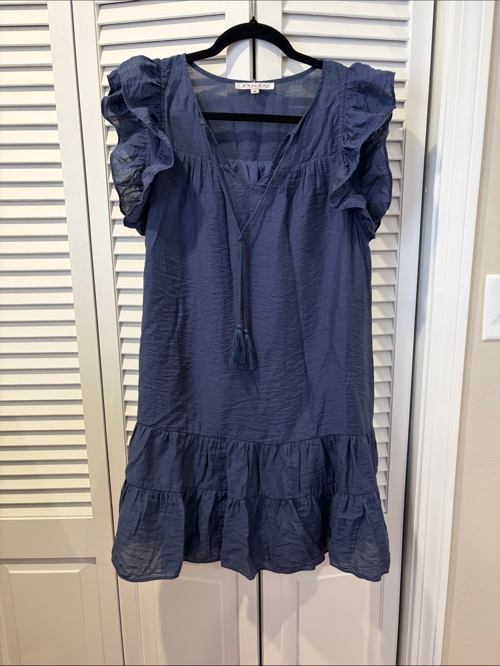 JOYJOY Blue Ruffled Short Dress with Tassel Tie